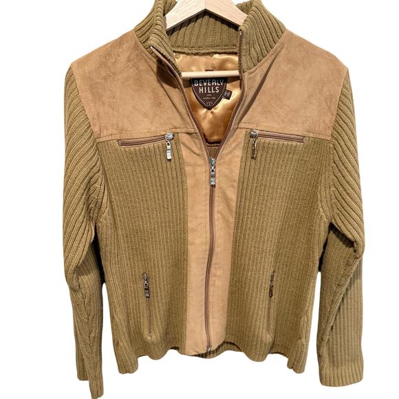 VTG Beverly Hills USA Leather Club Faux Suede Soft Knit Crochet Jacket Large - Picture 1 of 7
